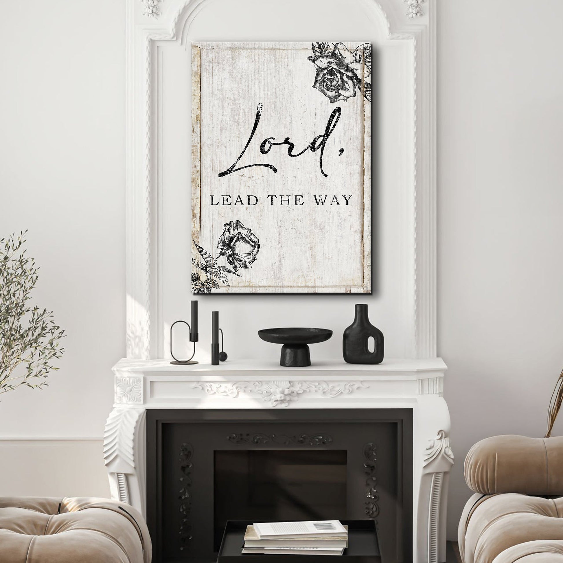 Lord Lead The Way Faith Sign canvas by Tailored Canvases weathered wood panel and black florals on Tampa Home & Garden Store