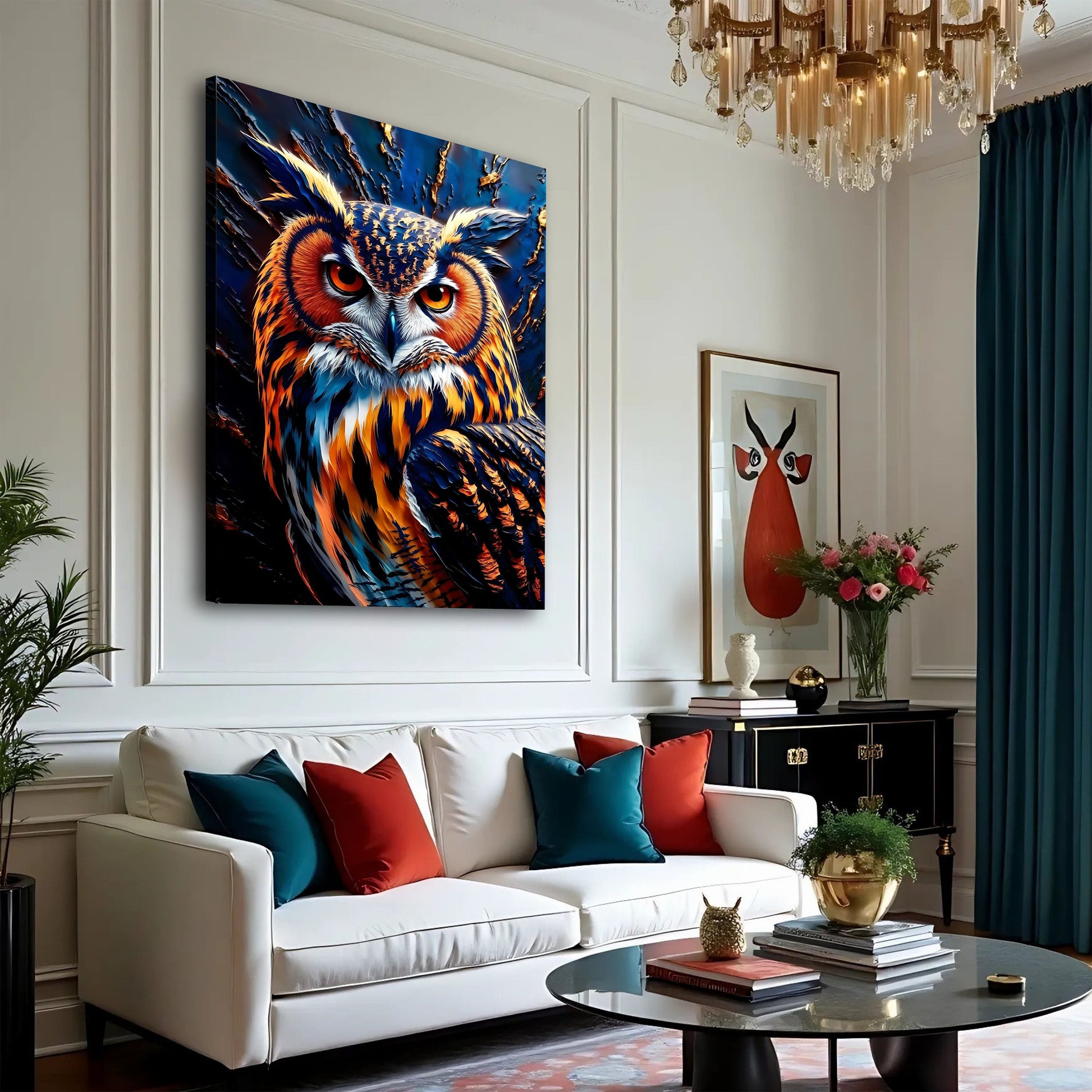 Canvas Abstract Owl Wall Art by Tailored Canvases, vibrant blue and orange owl design on Tampa Home & Garden Store