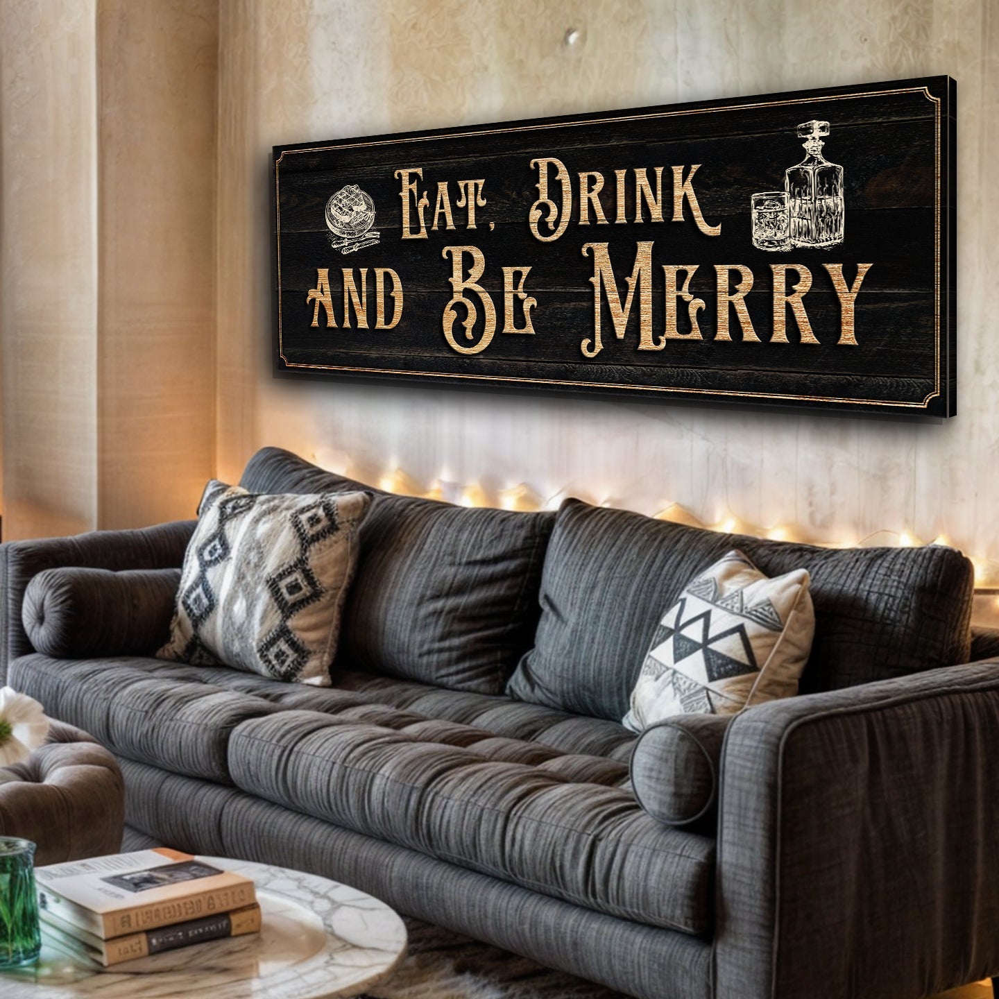 Eat, Drink And Be Merry canvas sign with cream lettering on dark wood by Tailored Canvases on Tampa Home & Garden Store