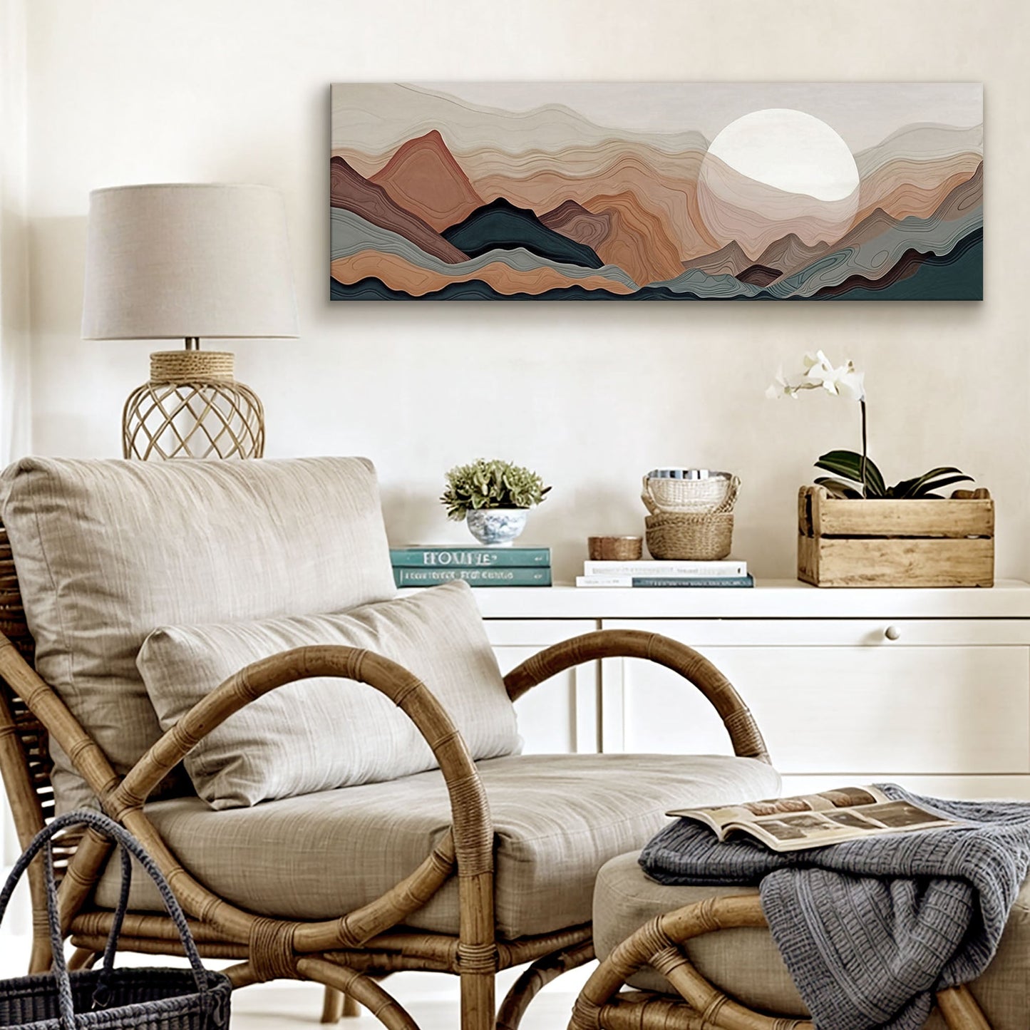 Abstract Mountains Landscape Canvas wall art with layered earthy mountains in peach and blue on Tampa Home & Garden Store