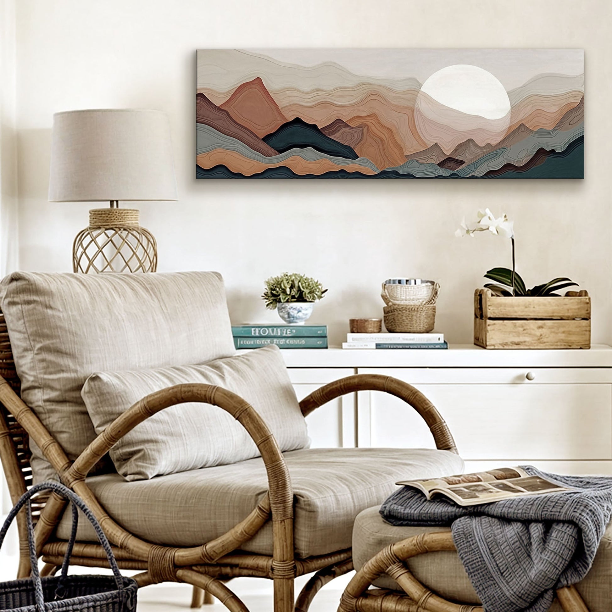 Abstract Mountains Landscape Canvas wall art with layered earthy mountains in peach and blue on Tampa Home & Garden Store
