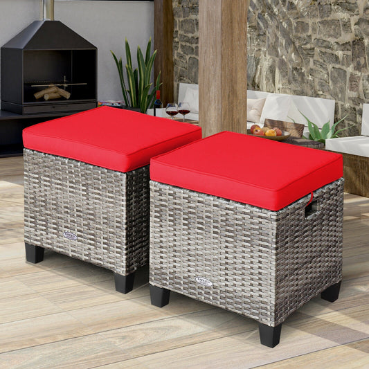 2PCS Patio Rattan Wicker Ottoman Seat with Removable Cushions-Red - Tampa Home & Garden Store