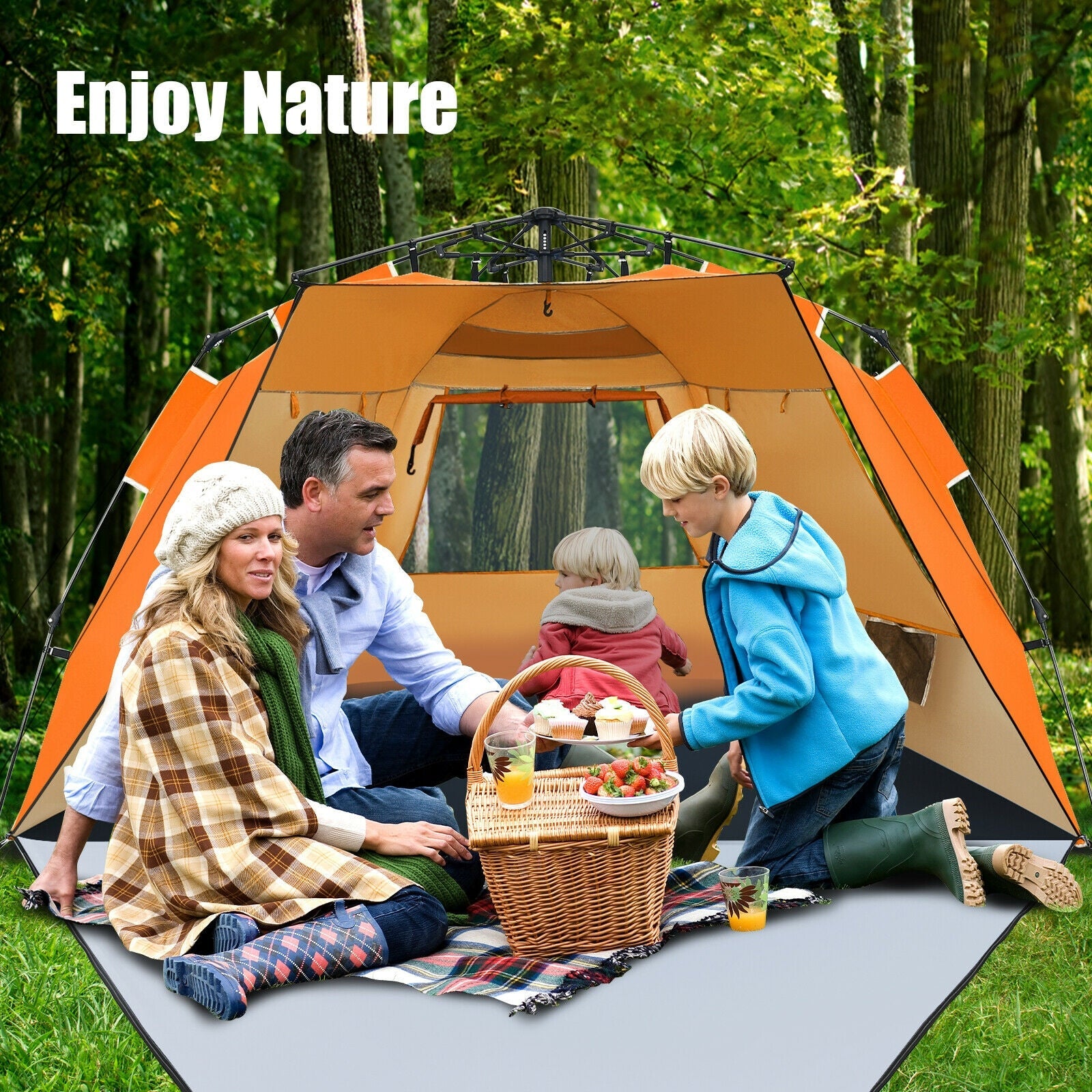 GemGear 3-4 Person Easy Pop Up Beach Tent UPF 50+ orange sun shelter with black steel frame on Tampa Home & Garden Store