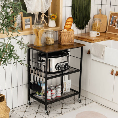 Carrito de servicio de cocina de 3 niveles, estante utilitario para microondas con ganchos, marrón