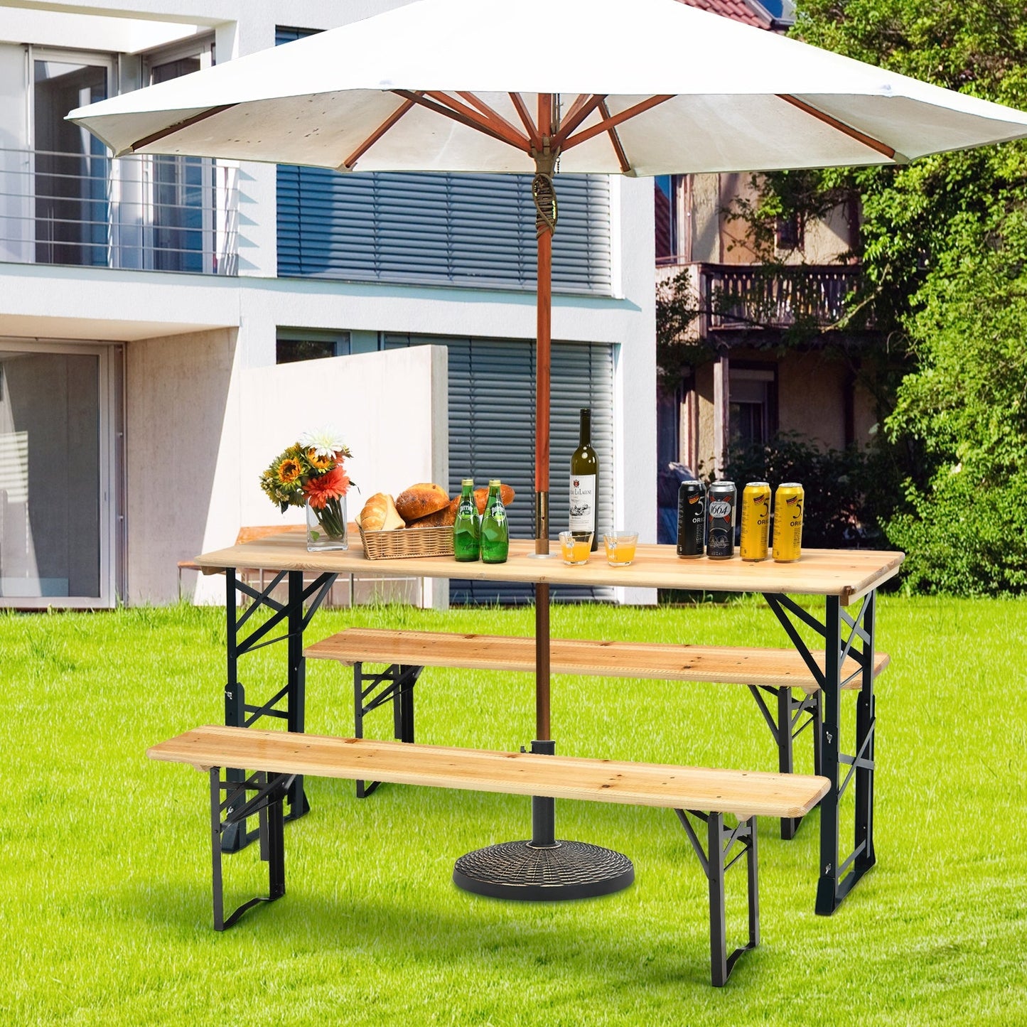 Mesa de picnic plegable de madera para exteriores de 66.5 pulgadas con altura ajustable