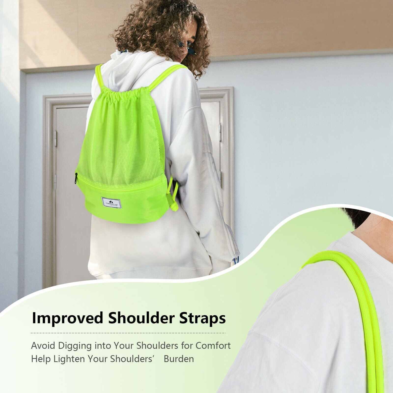 Drawstring backpack neon lime with zipper pocket by GemGear worn by person in white hoodie on Tampa Home & Garden Store