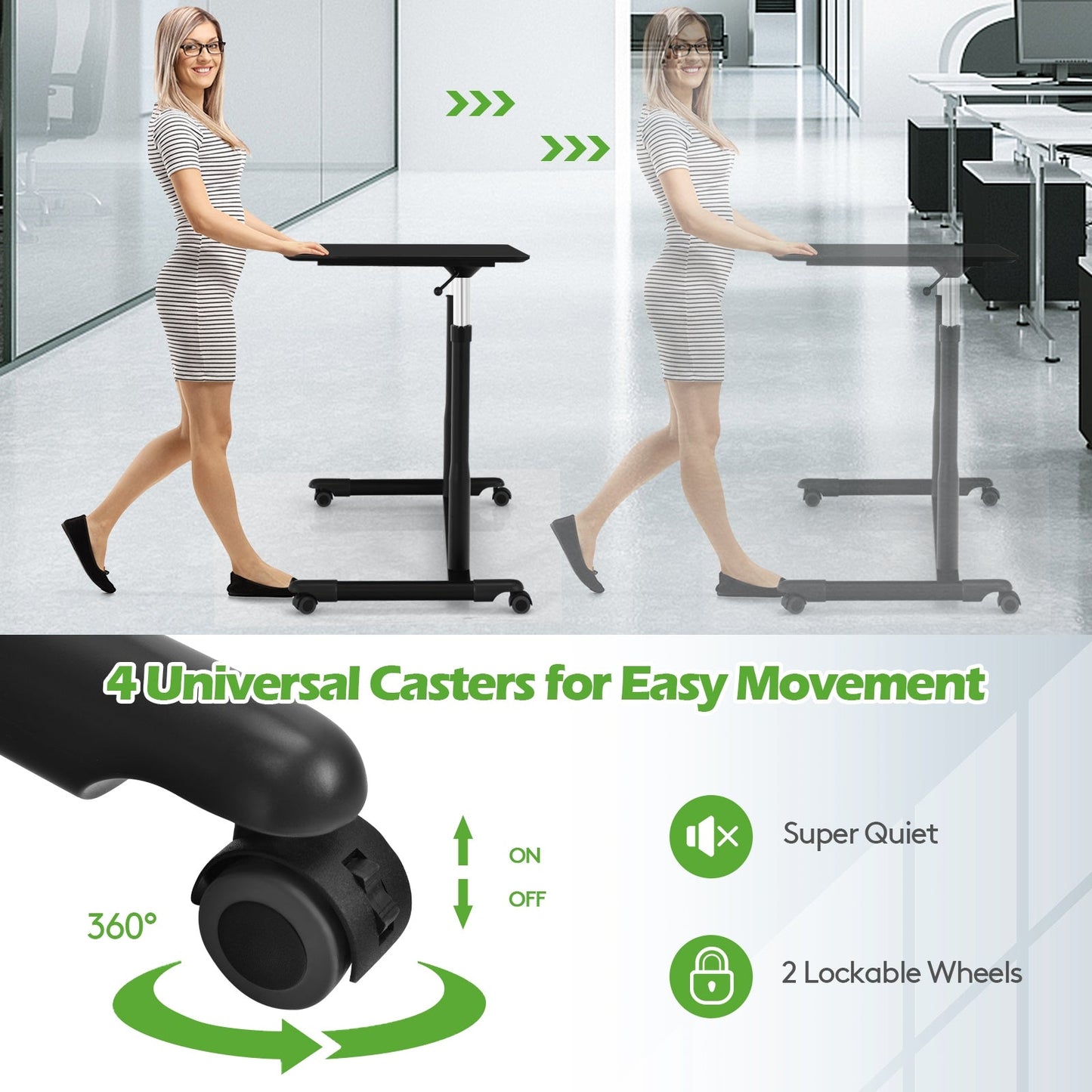 Escritorio de computadora ajustable en altura, mesa para portátil con ruedas para sentarse o pararse - Negro