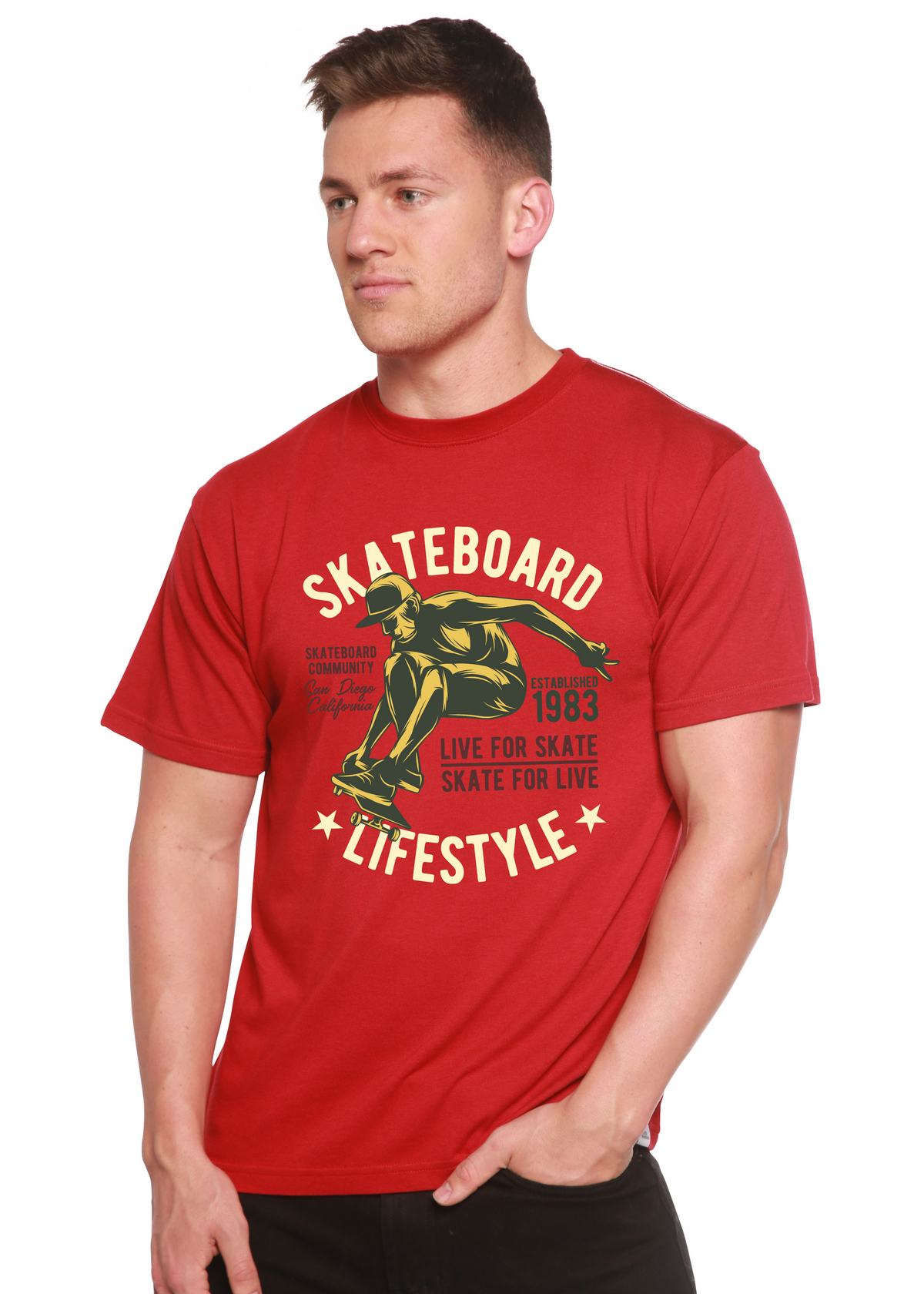 Men's red skateboard lifestyle graphic tee in bamboo viscose/organic cotton by Spun Bamboo on Tampa Home & Garden Store