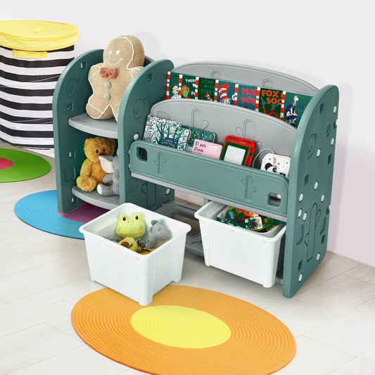 Kids toy storage organizer in teal with 2-tier bookshelf and white front bins on Tampa Home & Garden Store