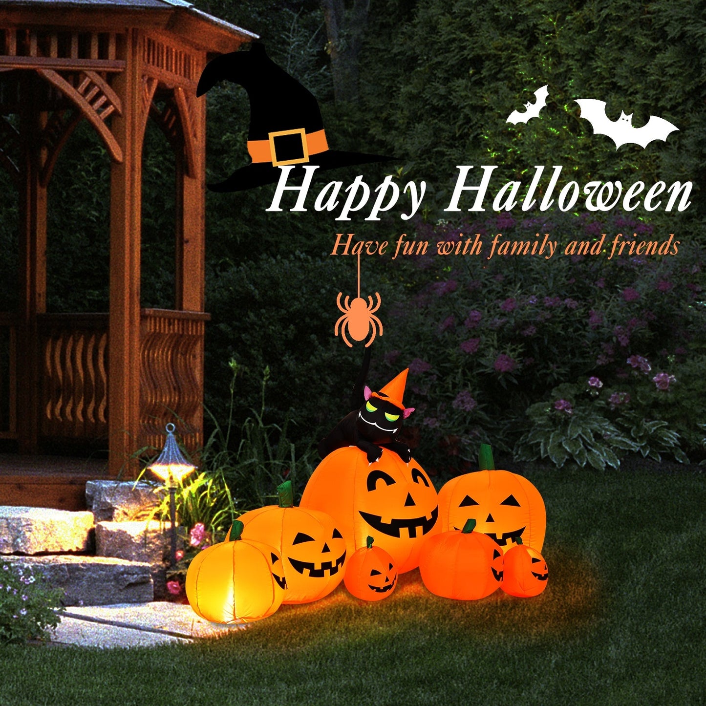 Halloween 7.5 ft Inflatable Pumpkin Combo with Witch Black Cat yard decor orange pumpkins on Tampa Home & Garden Store
