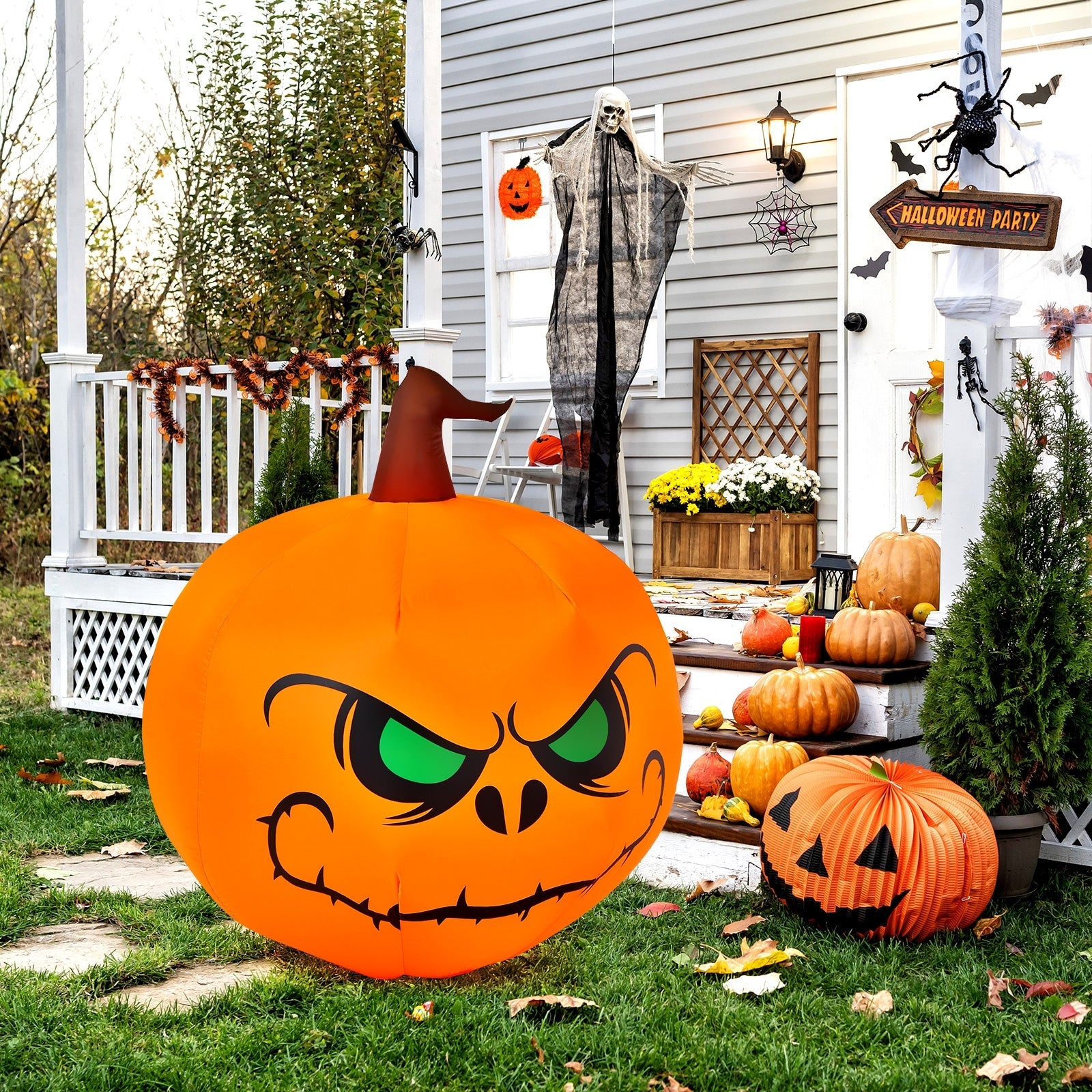 4 ft Halloween inflatable pumpkin with LED light, orange DirectDeals inflatable on porch on Tampa Home & Garden Store