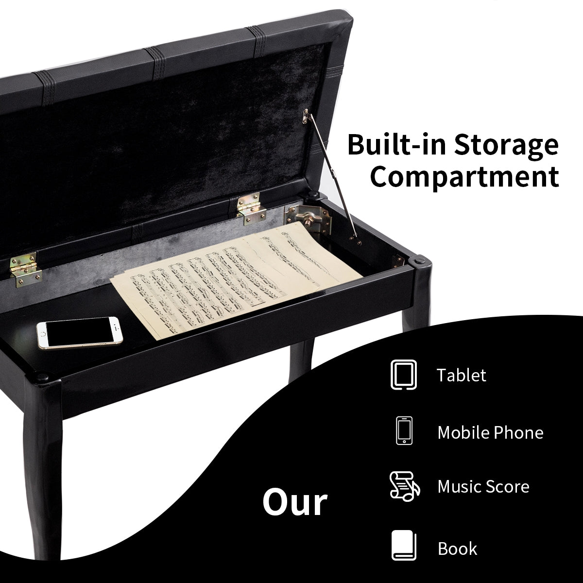 Banquetas de madera maciza con almacenamiento para piano en piel sintética - Negro