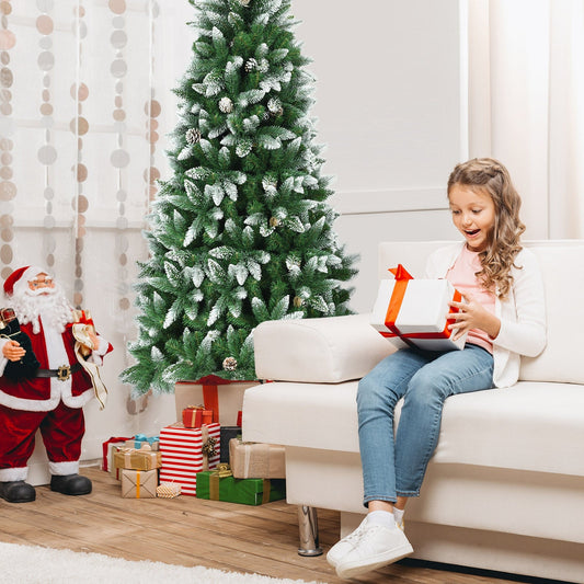 5/6/7.5 ft DirectDeals Artificial Pencil Christmas Tree with pine cones snow-dusted tips on Tampa Home & Garden Store