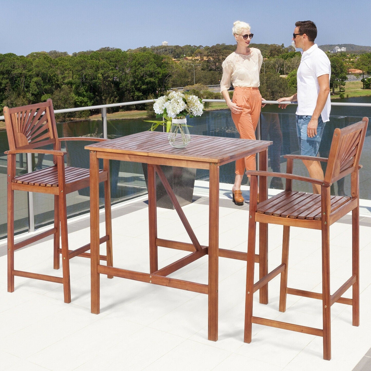 Juego de barra para patio de madera de acacia de 3 piezas con respaldo con diseño de girasol
