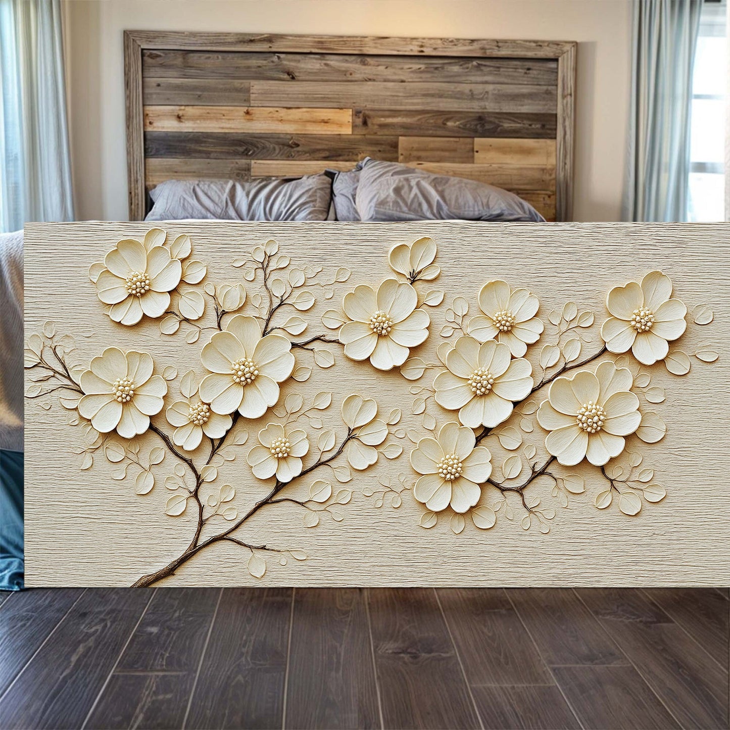 Minimalist Wall Art VIII canvas with cream 3D floral relief on textured beige background on Tampa Home & Garden Store