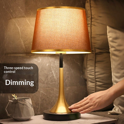 Table lamp with gold-tone metal base and brown fabric shade, three-speed touch dimming on Tampa Home & Garden Store