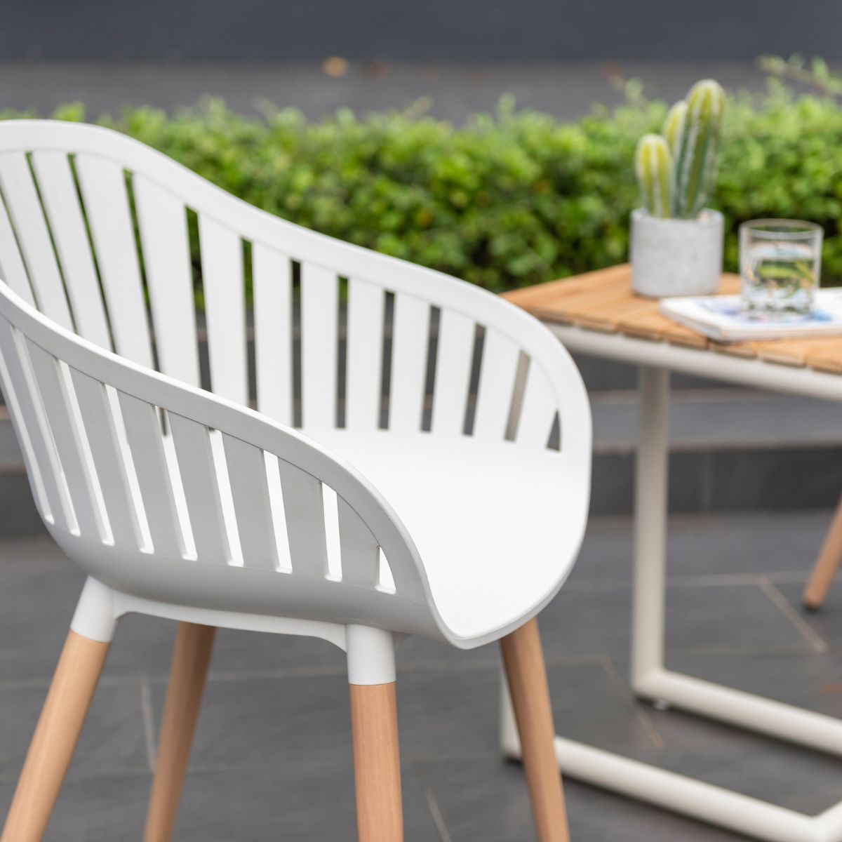 Portals Light C-shape Chair Set white outdoor chair with wood legs LifestyleGarden US on Tampa Home & Garden Store