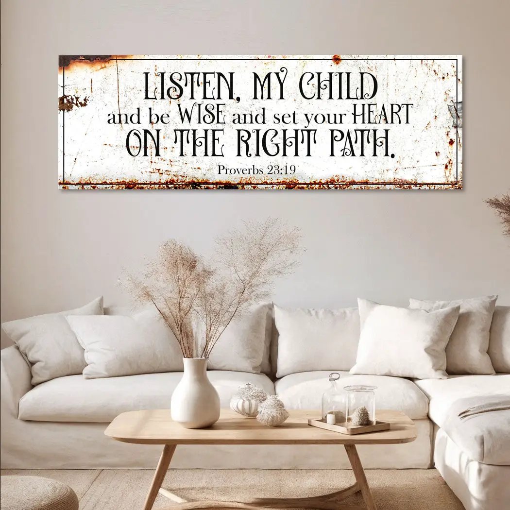 Rustic distressed white canvas wall art with rust border and Proverbs 23:19 by Tailored Canvases on Tampa Home & Garden Store