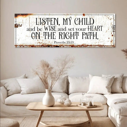 Rustic distressed white canvas wall art with rust border and Proverbs 23:19 by Tailored Canvases on Tampa Home & Garden Store