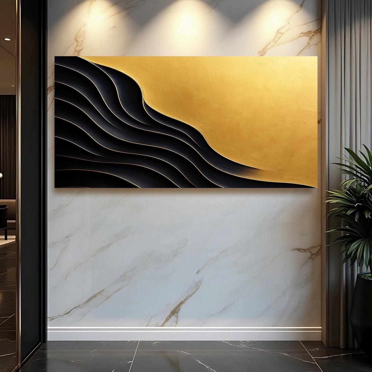Black And Gold Minimalist Abstract XI canvas by Tailored Canvases with black wave curves on gold surface on Tampa Home & Garden Store