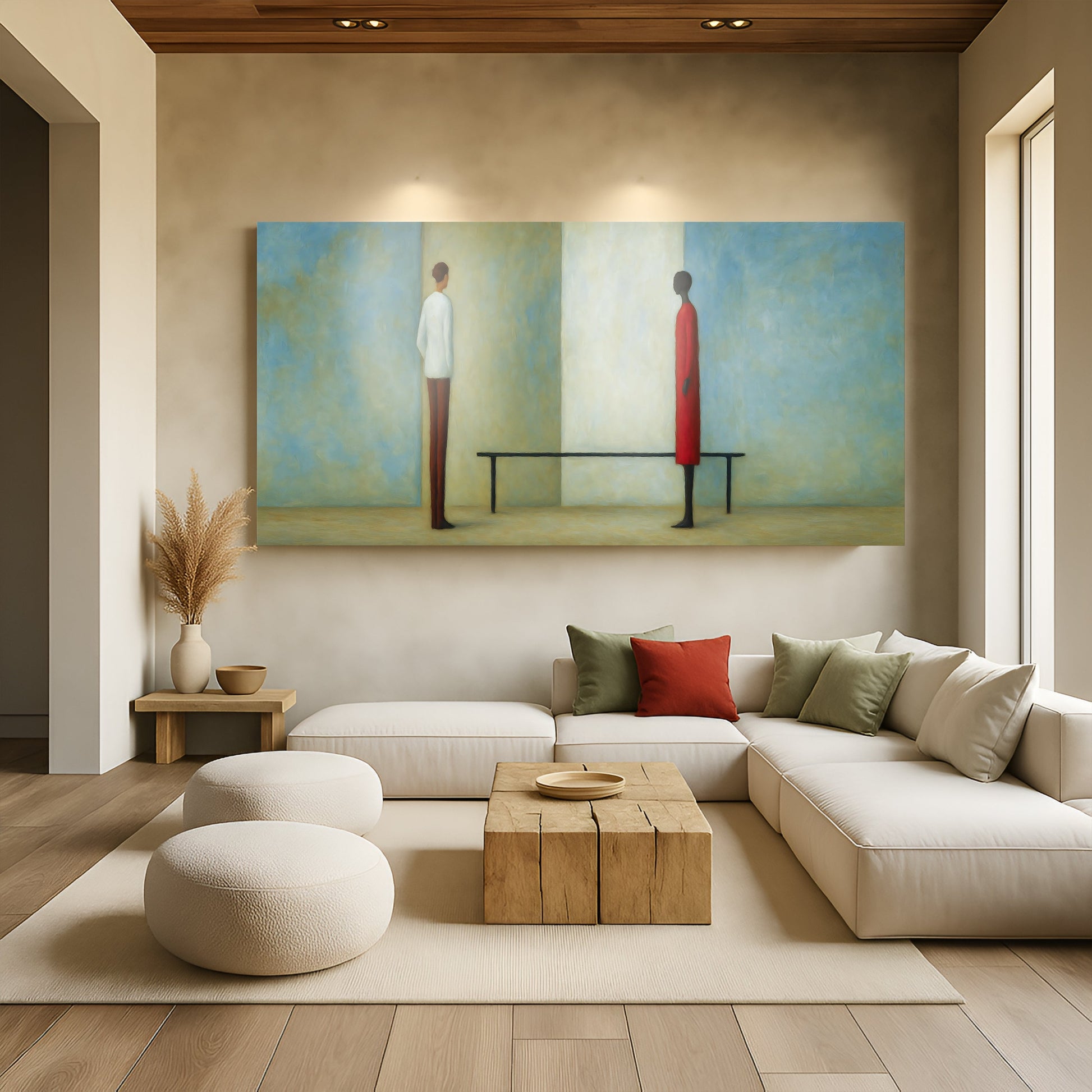 Confrontation Abstract Wall Art canvas, 3-panel, blue beige tones, Tailored Canvases on Tampa Home & Garden Store
