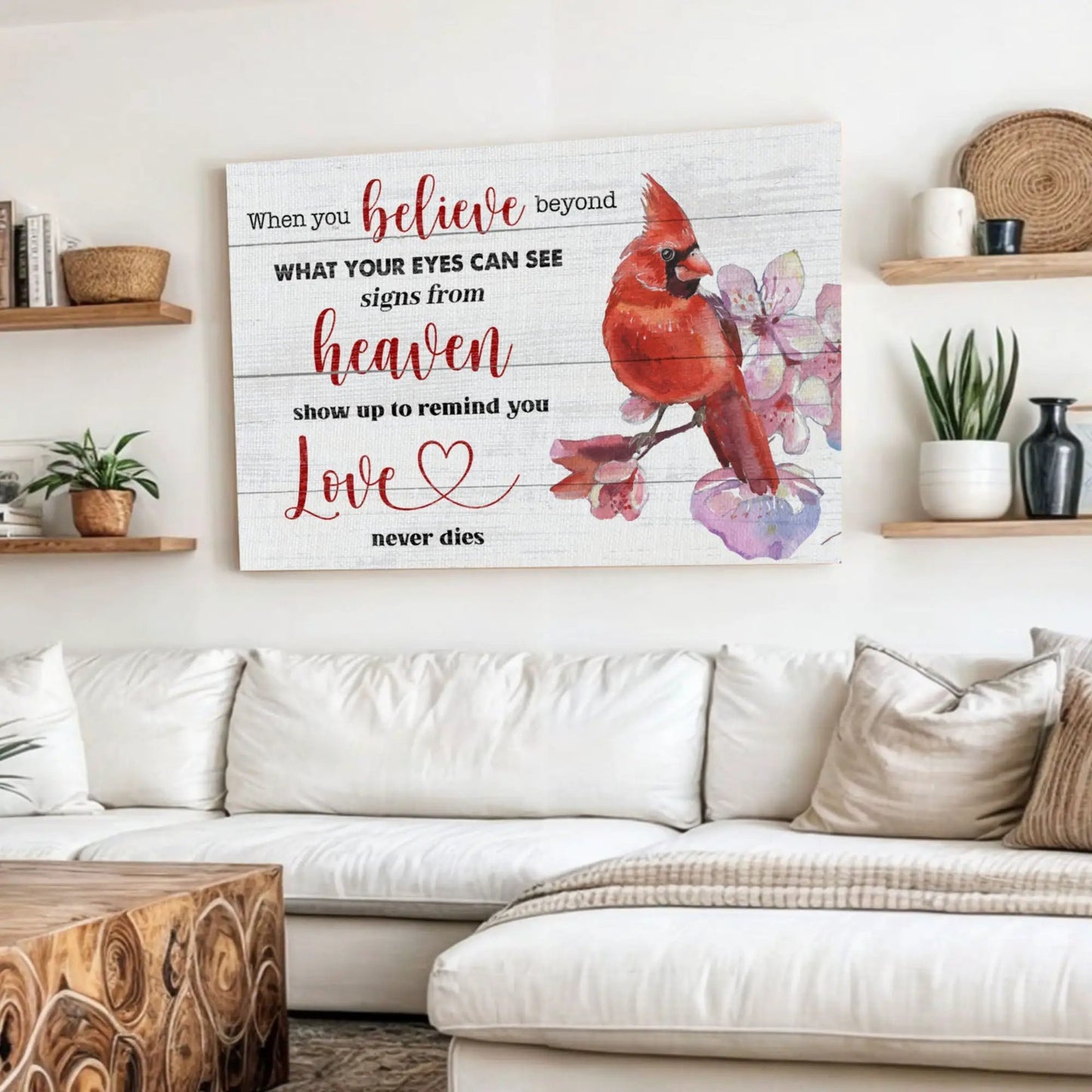 When You Believe Beyond Faith Sign II canvas by Tailored Canvases with red cardinal on wood on Tampa Home & Garden Store