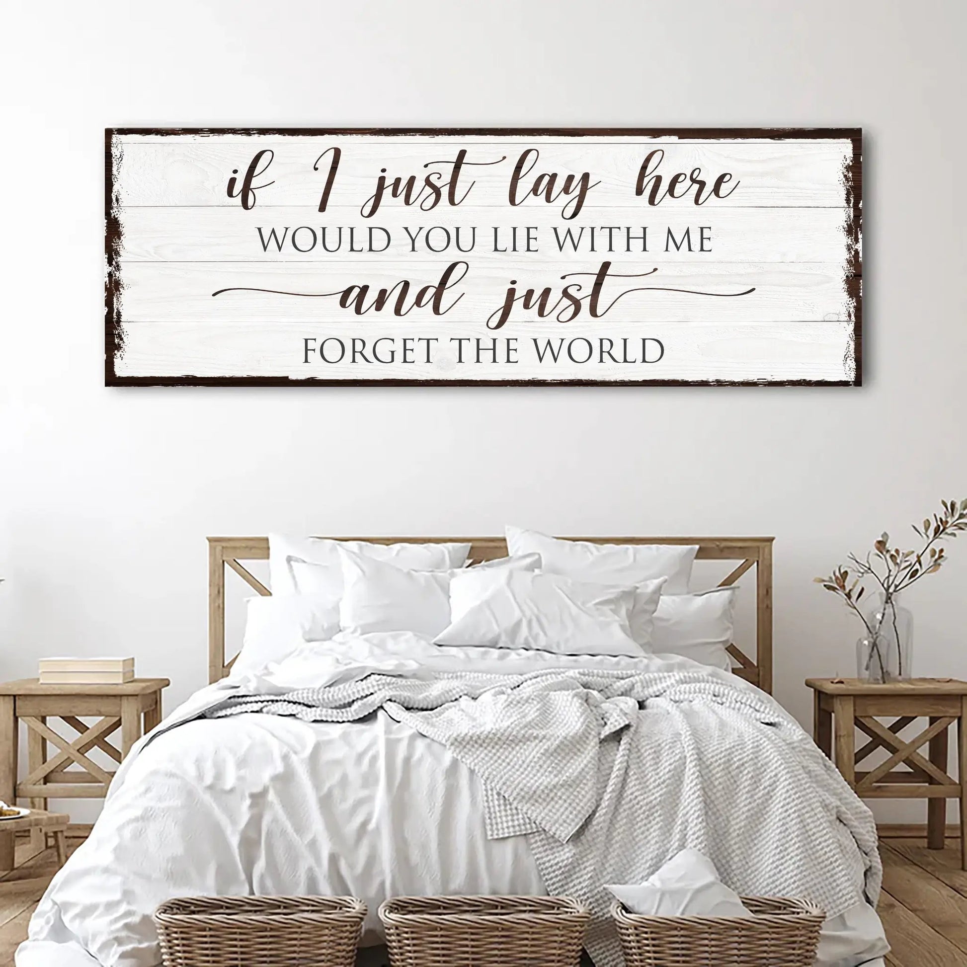 Canvas sign on whitewashed wood with brown cursive and gray text says if I just lay here on Tampa Home & Garden Store