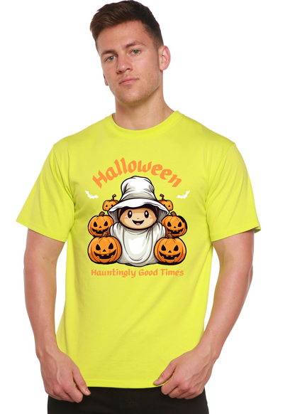 Spun Bamboo men's neon lime graphic tee with Halloween mummy and pumpkins Hauntingly Good Times on Tampa Home & Garden Store