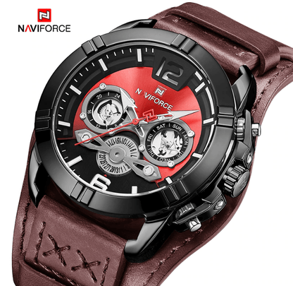 Naviforce men's leather waterproof watch with red dial and strap on Tampa Home & Garden Store