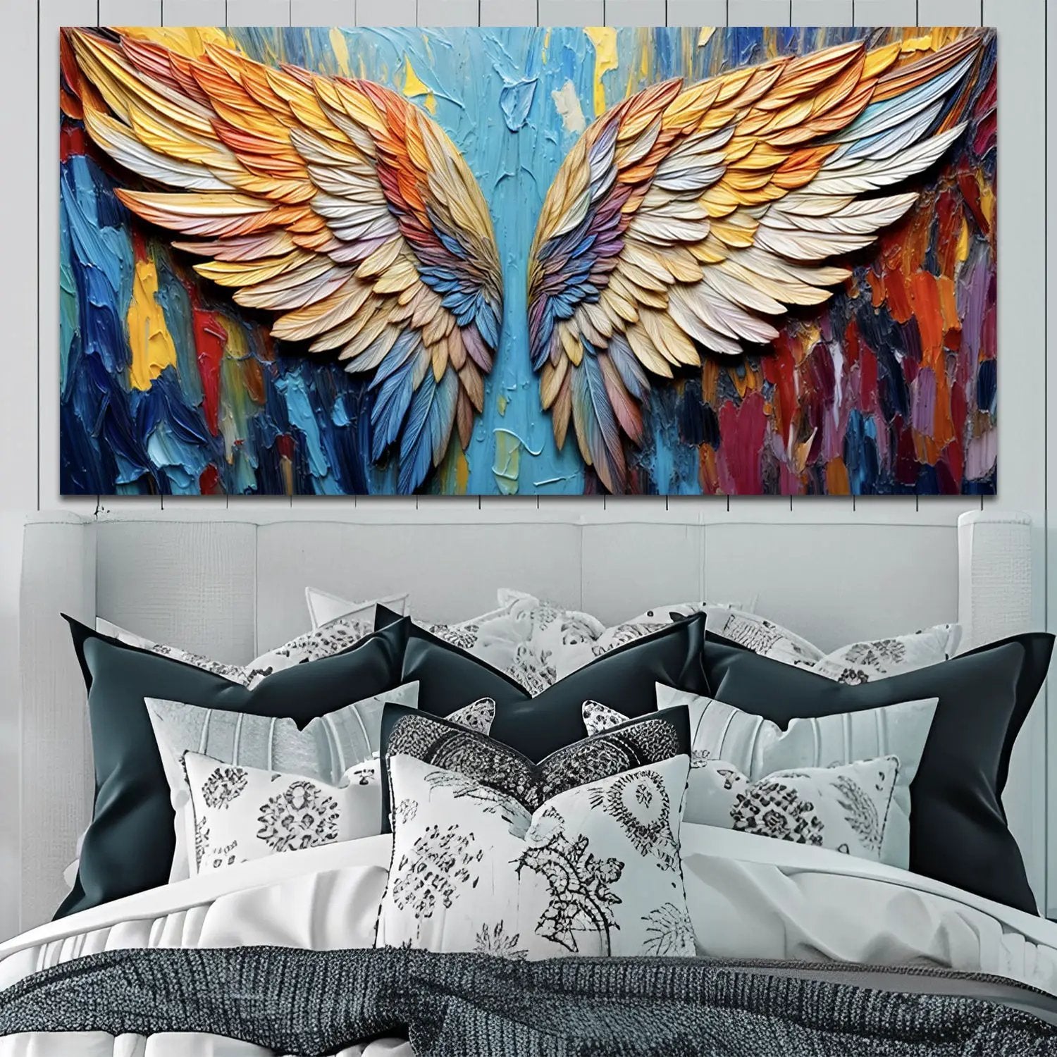 Wings of Hope Canvas Wall Art by Tailored Canvases, vibrant feather-wing in rainbow hues on Tampa Home & Garden Store