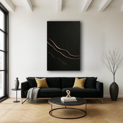 Modern Abstract Minimalist Wall Art VIII canvas black textured with gold curves on Tampa Home & Garden Store