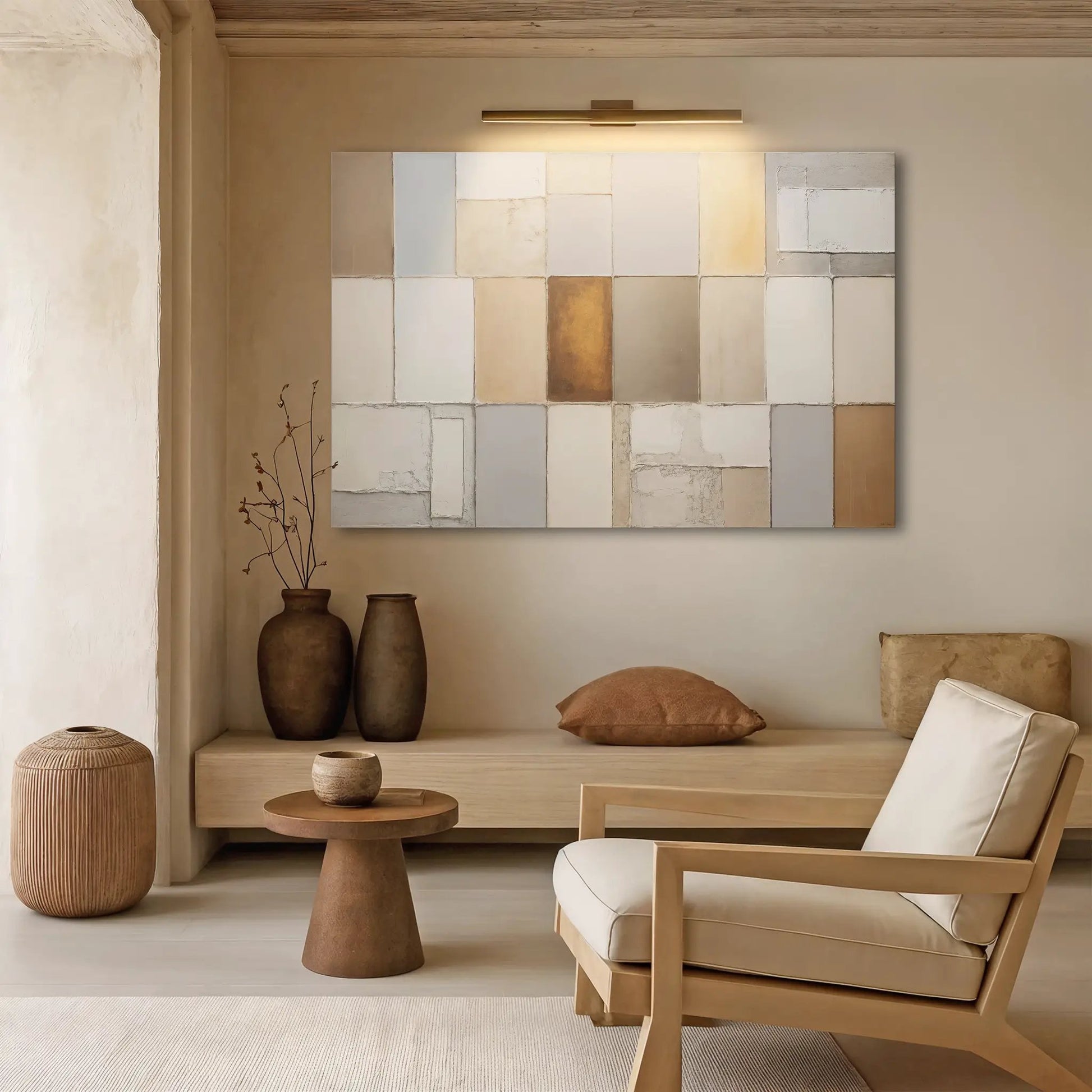 Earth Tones Patchwork Geometric Wall Art canvas in beige taupe blocks on Tampa Home & Garden Store