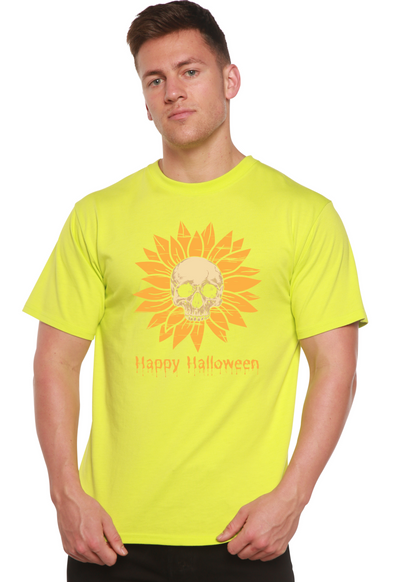 Happy Halloween Day men's graphic T-shirt by Spun Bamboo in neon yellow with sun skull print on Tampa Home & Garden Store