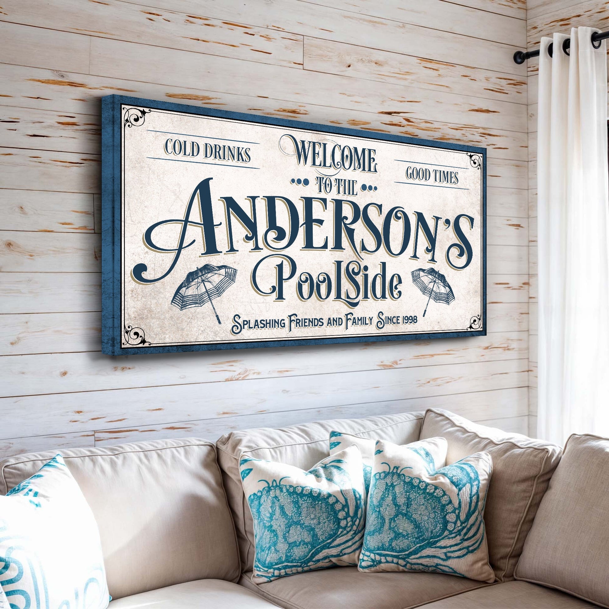 Personalized Pool Party Sign canvas with blue typography on blue frame on Tampa Home & Garden Store