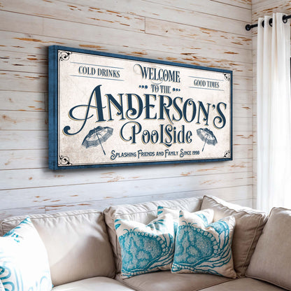 Personalized Pool Party Sign canvas with blue typography on blue frame on Tampa Home & Garden Store
