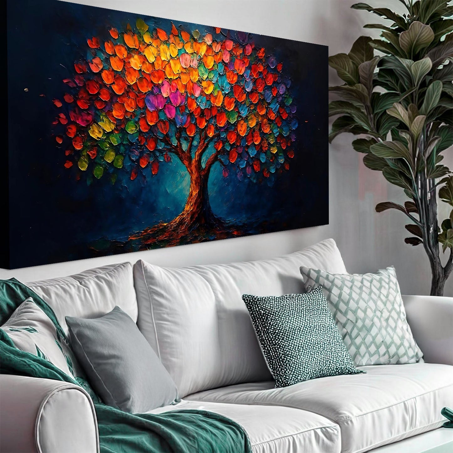 Rainbow Bloom Wall Art canvas featuring rainbow-leaf tree on deep blue background Tailored Canvases on Tampa Home & Garden Store