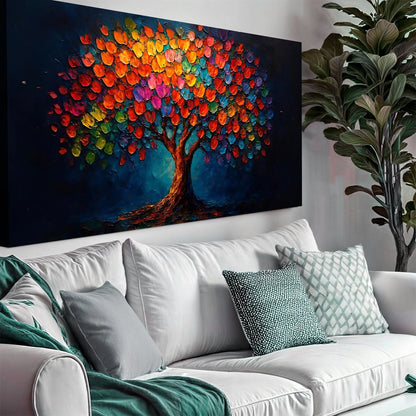 Rainbow Bloom Wall Art canvas featuring rainbow-leaf tree on deep blue background Tailored Canvases on Tampa Home & Garden Store