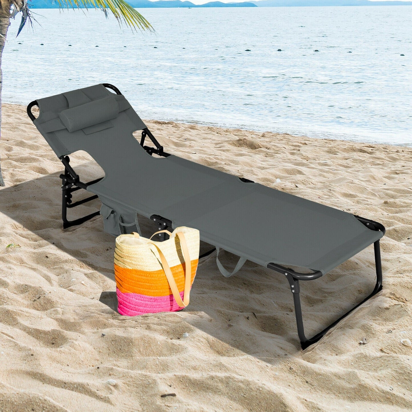 Tumbona plegable de playa con almohada para exteriores - Gris