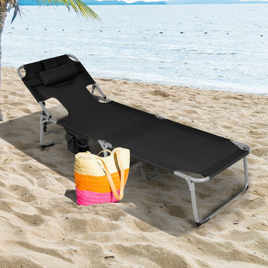 Folding Beach Lounge Chair with Pillow for Outdoor-Black - Tampa Home & Garden Store