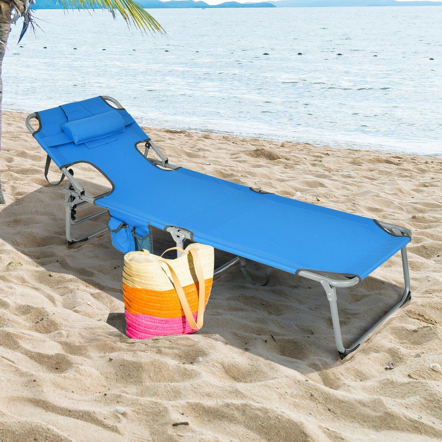 Tumbona Plegable de Playa con Almohada para Exteriores - Azul