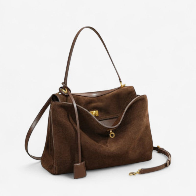 Large rectangular Moktan Sabai brown suede shoulder bag with top handle and removable strap on Tampa Home & Garden Store
