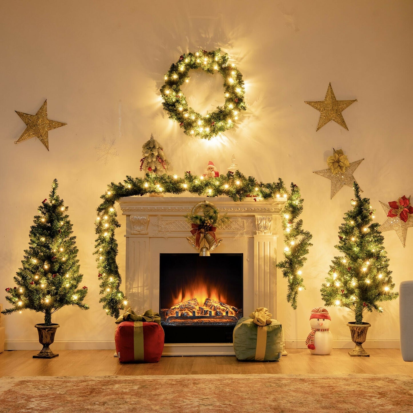 4 Piece Christmas Decoration Set with Garland Wreath and Entrance Trees green garland lights on Tampa Home & Garden Store