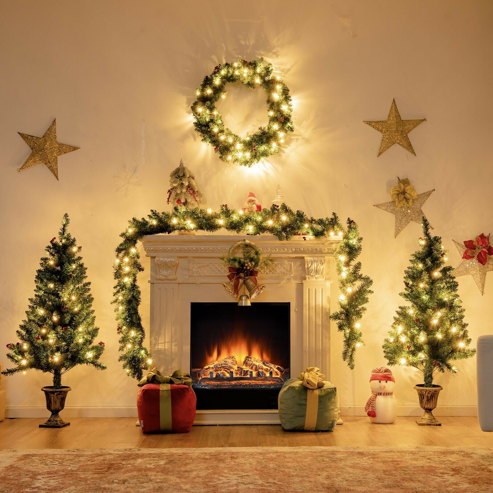 4 Piece Christmas Decoration Set with Garland Wreath and Entrance Trees green garland lights on Tampa Home & Garden Store