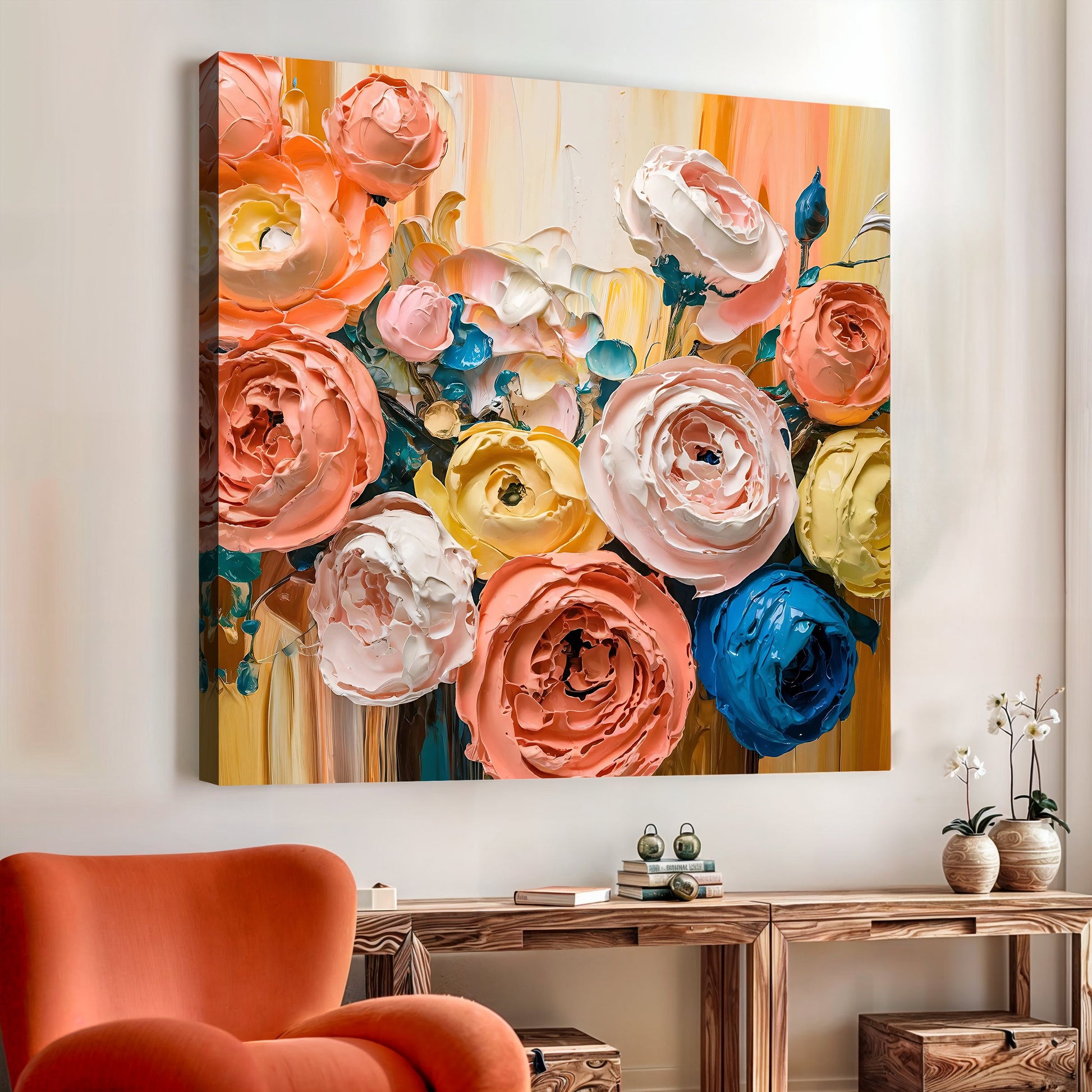 Blooming Bouquet Wall Art canvas with thick pink, peach and yellow blooms and blue accents on Tampa Home & Garden Store