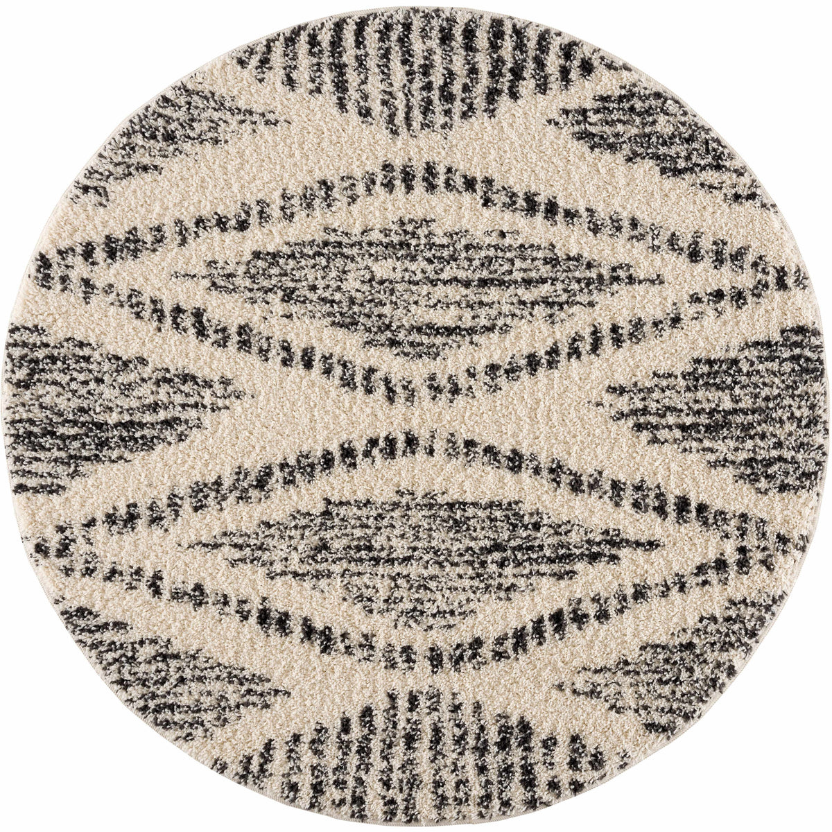Fishhook Berber Shag Rug round beige shag with black fishhook pattern on Tampa Home & Garden Store