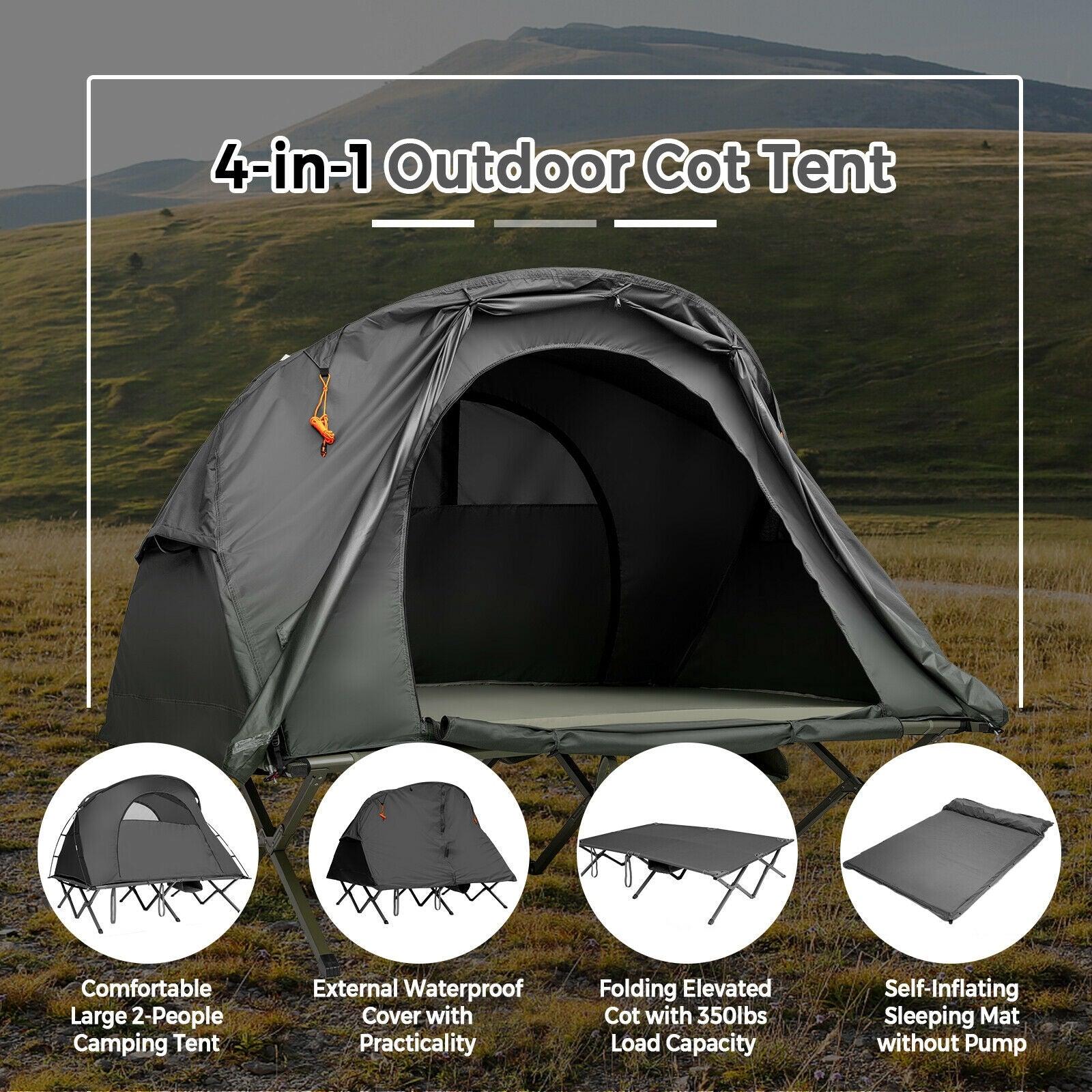 2-Person Outdoor Camping Tent with External Cover by GemGear, 4-in-1 cot tent in gray on Tampa Home & Garden Store