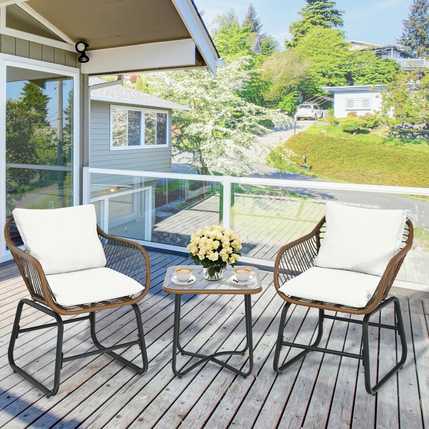 Juego de bistró de ratán para patio de 3 piezas, silla acolchada, mesa de cristal, para terraza, blanco