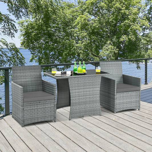 3 Pieces Patio Rattan Furniture Set with Cushioned Armrest Sofa-Gray - Tampa Home & Garden Store
