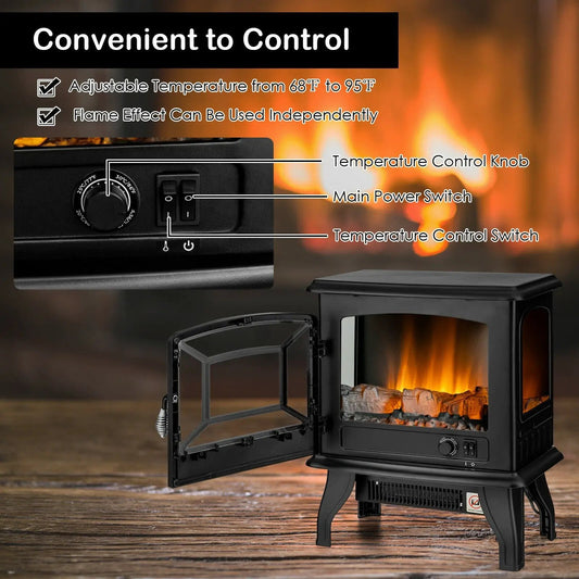 Freestanding DirectDeals Black fireplace heater with realistic dancing flame effect, glass door on Tampa Home & Garden Store