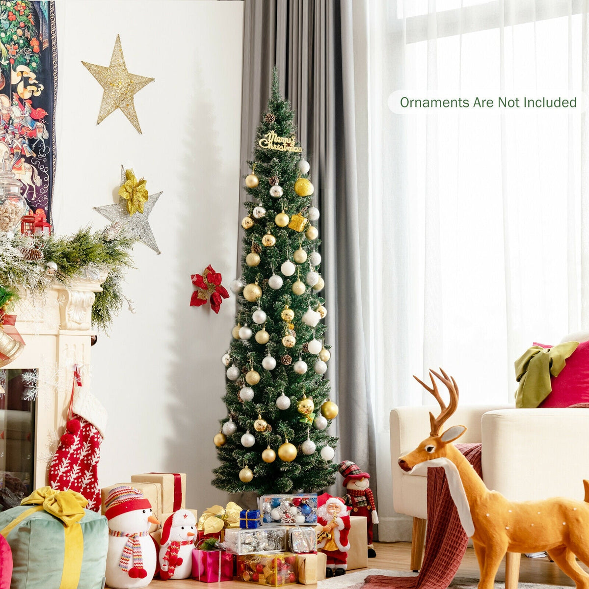 Snowy artificial pencil Christmas tree with pine cones and gold ornaments DirectDeals on Tampa Home & Garden Store